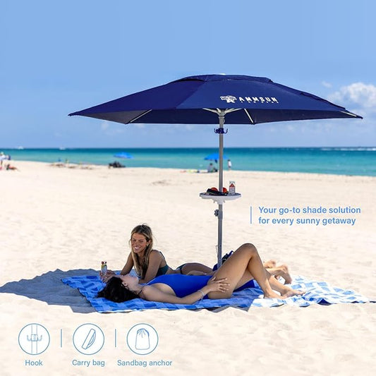 AMMSUN 8ft Large Beach Umbrellas for Sand Heavy Huty Wind Portable Commercial Grade Patio Beach Umbrella with Sand Anchor Hanging Hook Weight Sandbag Adjustable Height Air Vent UPF 50+ Telescoping Pole without tilt Navy