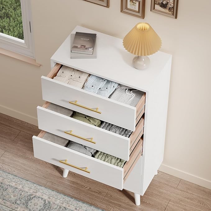 Aiho 5 Drawer Dresser, Tall Dresser with Metal Handles, Wood Storage Organizer for Bedroom, Hallway, or Entryway, White