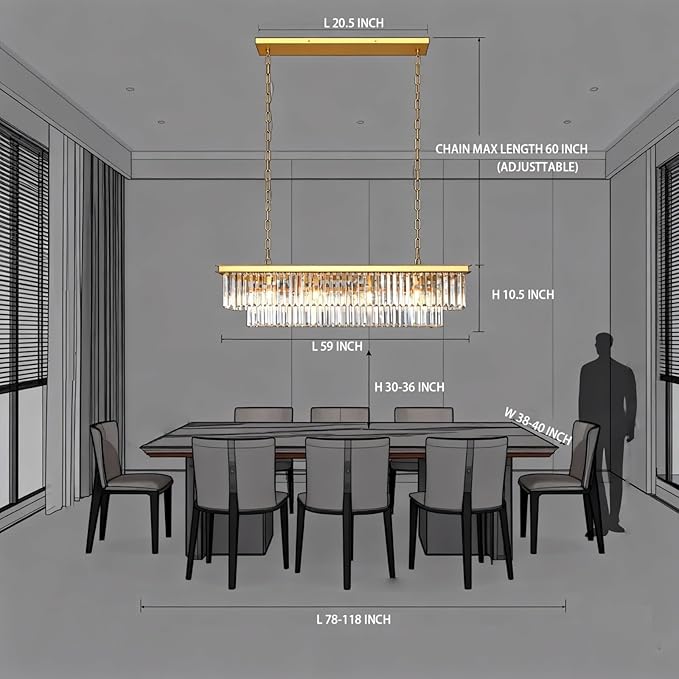 Gold Rectangle Crystal Chandelier, Modern Rectangular Pendant Ceiling Hanging Linear Chandeliers Light Fixture for Dining Room, Kitchen Island, Bar, 14-Light 59 Inches