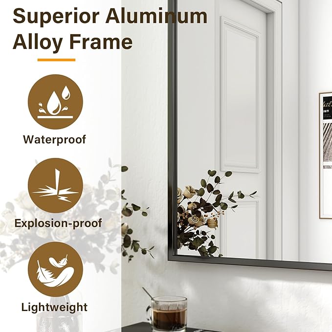 HARRITPURE 24"x32" Framed Bathroom Mirror for Wall Rectangle Mirror Aluminum Alloy Frame Wall-Mounted for Farmhouse Entryway Bedroom Living Room Black