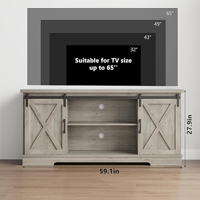 GarveeHome Farmhouse Tv Stand for 65 in TVs, Entertainment Center with Sliding Barn Doors and Adjustable Shelf, Modern Media TV Console TV Stand Table for Living Room, Bedroom, Grey