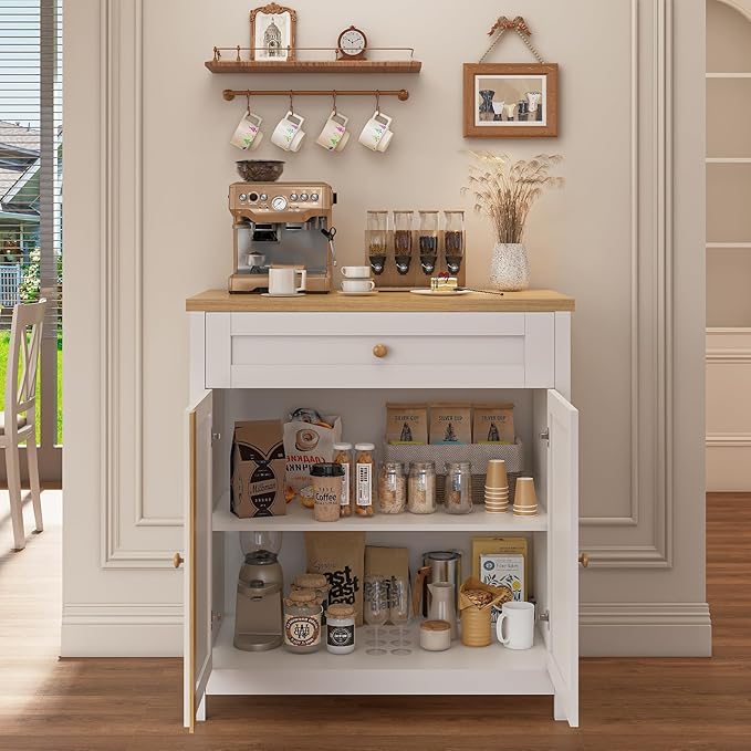 Storage Cabinet,Coffee Bar Cabinet, Kitchen Storage Cabinet, Modern Farmhouse Buffet Sideboard with Drawer, for Kitchen, Dining Room, Entryway（White）