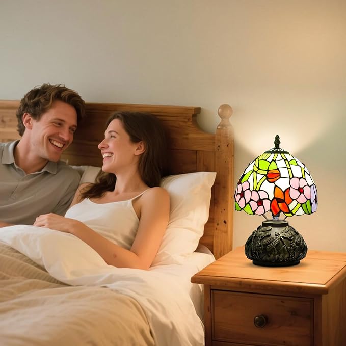 Small Tiffany Table Lamp,Stained Glass Lamp,8 Inch Mushroom Style Mini Vintage Desk Lights for Bedside, Bedroom,Nightstand,Living Room,3 Color Temperature (Four Leaf Flowers)