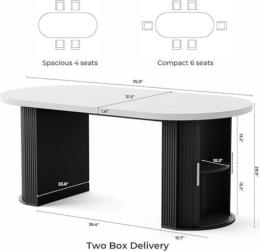 IRONCK 71" Fluted Oval Dining Table for 4-6, Modern Farmhouse Kitchen Table with Storage Shelves, Thickened Gray & White Quartz Top and Sturdy Base for Dining Room or Home Office, Black