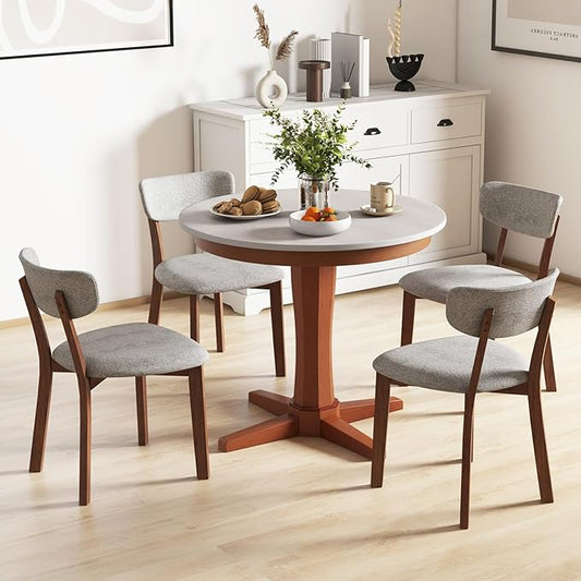 COSTWAY Round Table for 4 People, Wood Kitchen Table w/Rubber Wood Frame, Pedestal Base, Farmhouse Mid Century Dinner Table for Restaurant