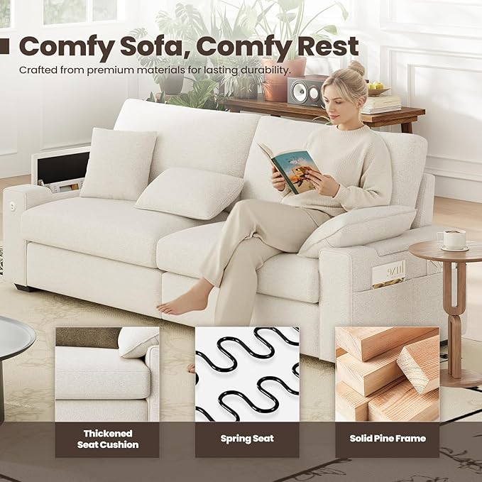 MALOL 89" Loveseat Sofa with 4 Pillows and Storage Armrest, Modular Modern 3-Seat Sofa, with USB Type C Ports, Midcentury Mondern Love Seat for Home Living Room, Beige