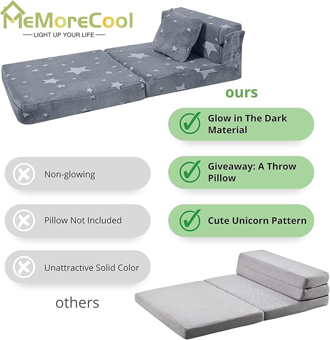 MeMoreCool Kids Tri-Fold Sofa Bed – Glow Star Floor Mattress & Foldable Futon Chair Convertible Toddler Couch | Soft Plush Lounge Mat | Playroom Furniture | Includes Pillow