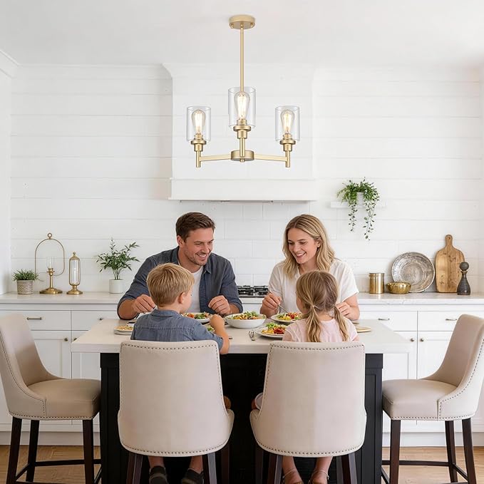 3-Lights Gold Chandeliers for Dining Room Light Fixture, Farmhouse Chandeliers Over Table, Hallway Lighting Fixtures with Glass Shade for Entryway Dining Room Kitchen Island Foyer