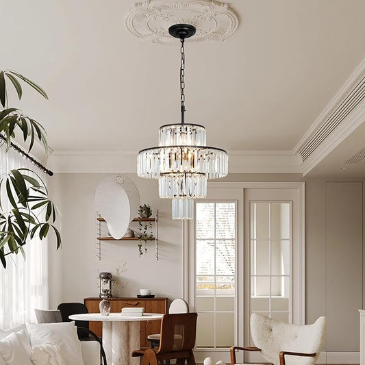 Black Crystal Chandelier, 7-Light 4 Tiers 19.68" Crystal Light, Adjustable Hanging Metal Ceiling Lighting Fixture, Modern Foyer Dining Room Chandeliers for Bedroom,Hallway,Kitchen