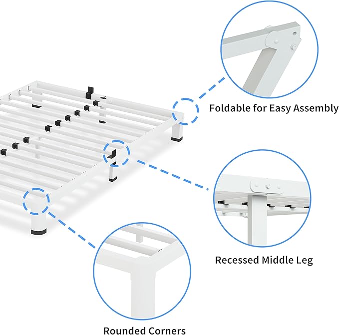 4 Inch White Queen Bed Frame, 3500Lbs Heavy Duty Metal Platform with Round Corner Legs Mattress Slide Stopper, Steel Slat Support No Box Spring Needed, Noise Free, Non-Slip, Easy Assembly