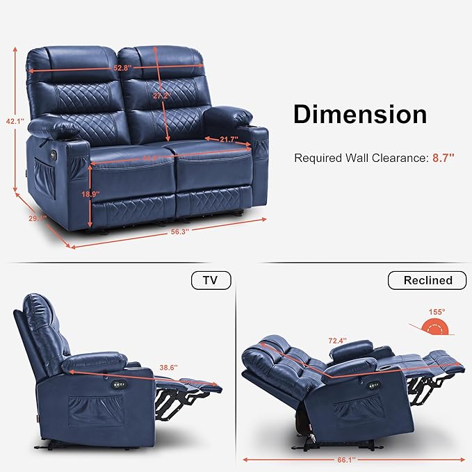 MCombo 56.3" Zero Gravity Power Loveseat Recliner with Heat and Vibration Massage, Reclining Loveseat Sofa with USB Ports, Cup Holders for Living Room, Faux Leather PR622Sets (Navy Blue)