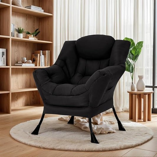 Lazy Chair for Living Room, Modern Accent Chairs with Armrests, Black Armchairs with Side Pocket, Cozy Lazy Sofa for Reading, Balcony, Bedroom, Dorm, Small Spaces