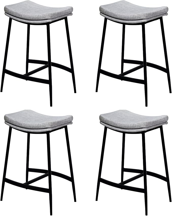 Arlo Modern Backless Upholstered Kitchen Counter Bar Stool with Double-Layered Saddle Seat and Black Metal Base, Grey/Matte Black, Set of 4