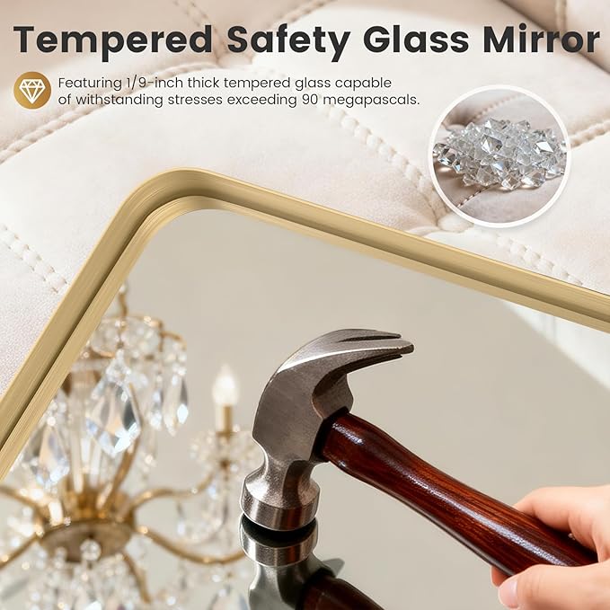 30"X30" Large Gold Metal Framed Bathroom Mirror for Wall, Large Mirrors for Spacious Rooms,Gold Rounded Rectangle Mirror, Brushed Gold Bathroom Vanity Mirror Farmhouse, Anti-Rust, Tempered Glass