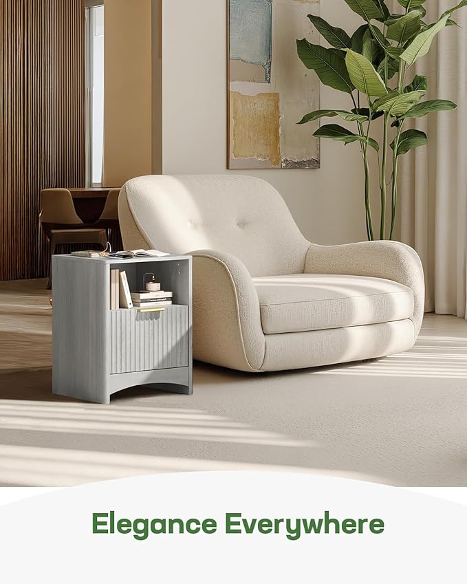 Marsail Fluted Nightstand with Charging Station, Adjustable Bedside Table with USB & AC Ports, 1 Drawer End Table, Wood Grain Finish, Sleek Wide Handle, Perfect for Bedroom, Light Grey