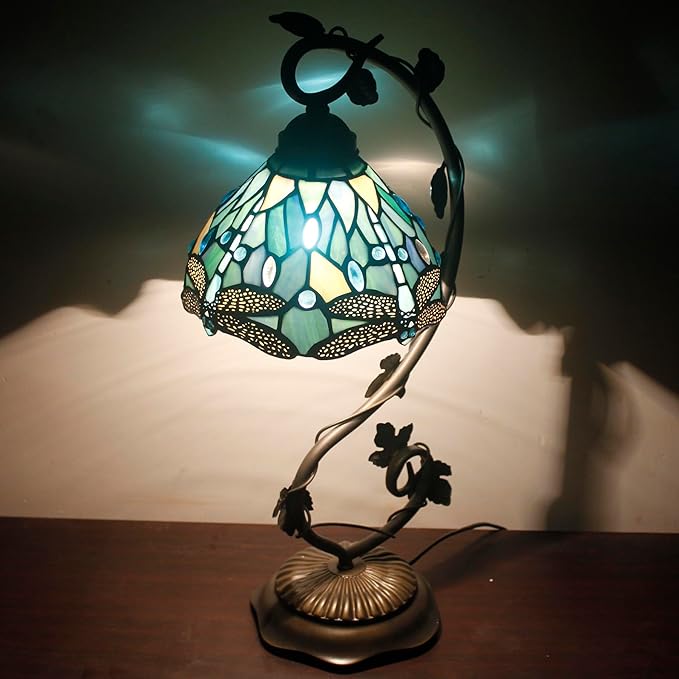 WERFACTORY Tiffany Lamp Sea Blue Stained Glass Dragonfly Style Desk Reading Light, Metal Leaf Table Lamp Base 8X10X21 Inches Decor Small Space Bedside Bedroom Home Office S147 Series