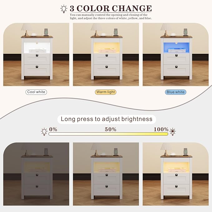 Night Stand Set 2 with Gun Drawer, Farmhouse Bedside Table with Charging Station, Gun Nightstand with LED Light & Human Sensor, Smart End Table for Bedroom, Antique White