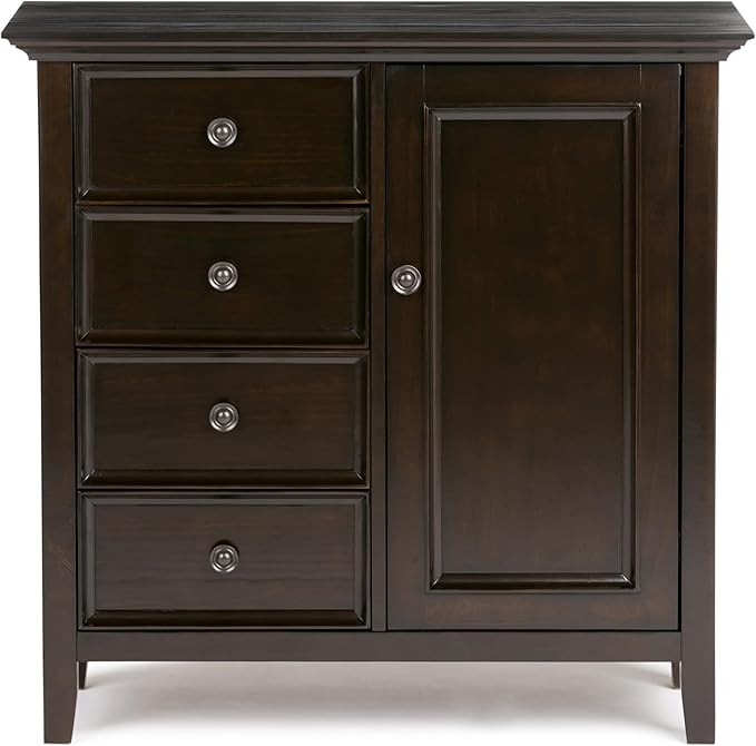 SIMPLIHOME Amherst 37-inch Wide Solid Wood Transitional-Style Storage Cabinet in Hickory Brown, Cabinet with 4 Drawers and Adjustable Shelves for Living Room or Entryway