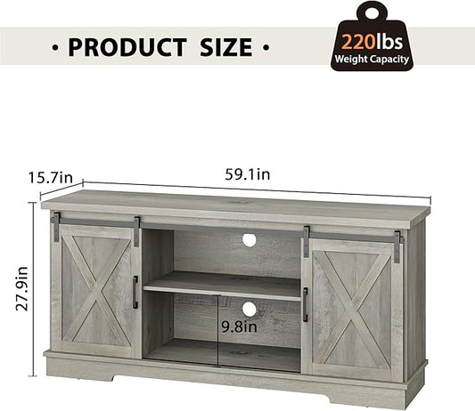 IDEALHOUSE Grey Farmhouse Cabinet, 65 Inch TV Stand with Storage, Barn Doors and Shelves, Modern TV Console Table Furniture for Living Bedroom