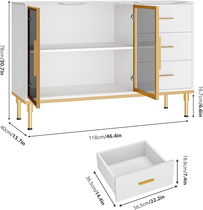 GAOMON Buffet Sideboard Cabinet with Storage, 46.4" Large Fluted Kitchen Sideboard Cabinet with 2 Glass Doors 3 Drawers and Shelves, Faux Marble Top Buffet Table for Dining Room, Living Room, White