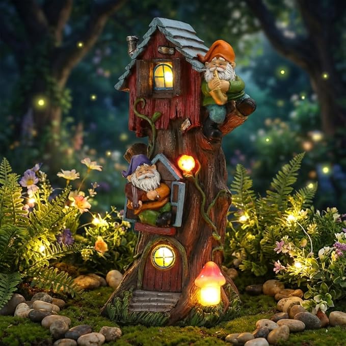 TERESA'S COLLECTIONS 11" Tall Large Garden Statues Gnome Treehouse with Solar Outdoor Light, Dad Gifts for Men,Resin Garden Decor Lawn Ornaments for Patio Yard Decor Gifts for Dad and Mom