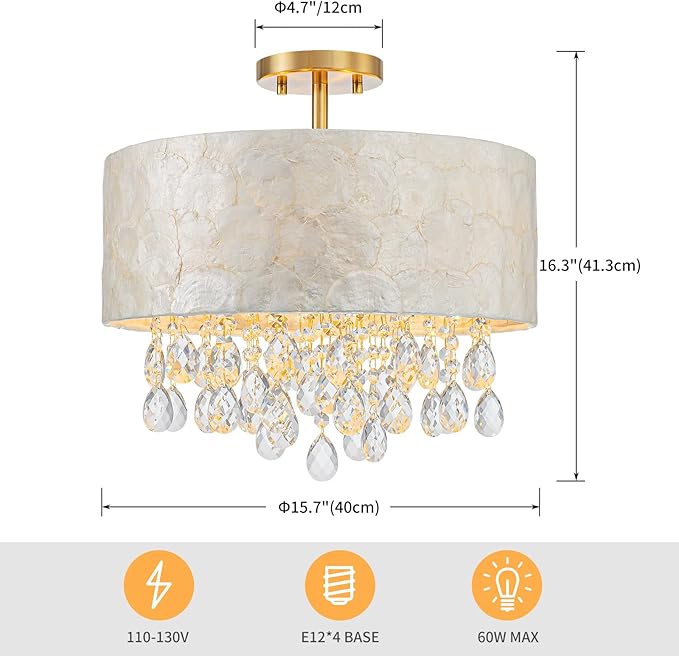 4-Light Drum Capiz Shell Crystal Chandeliers, Coastal Design Semi-Flushmount Ceiling Light Fixture for Dining Room, Bedroom, D16xH16 inch, Shell Lampshade & Gold Finish