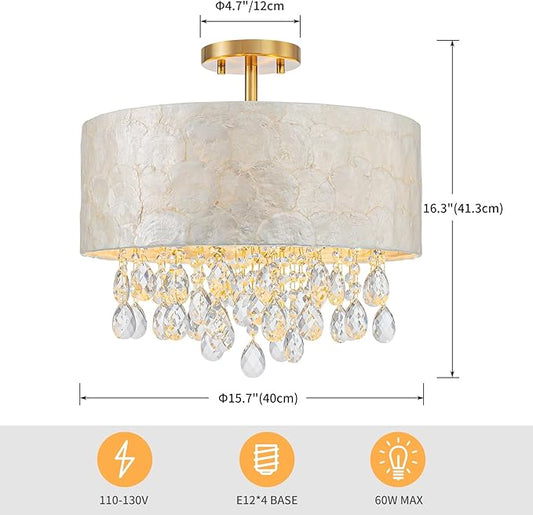 4-Light Drum Capiz Shell Crystal Chandeliers, Coastal Design Semi-Flushmount Ceiling Light Fixture for Dining Room, Bedroom, D16xH16 inch, Shell Lampshade & Gold Finish