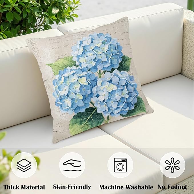 Vintage Blue Hydrangea Pillow Covers 24x24 Set of 2 Spring Summer Floral Outdoor Decorative Throw Pillow Cases Rustic Flowers Farmhouse Cushion Cover for Couch Sofa Porch Home Decor