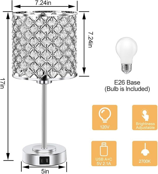 Crystal Table Bedside Lamp Touch Control, Dimmable Small Nightstand Lamp Set of 2 with USB-C+A Charging Ports, Decorative Silver Tabletop Lamp for Bedroom Living Room Guest Room, Bulbs Included
