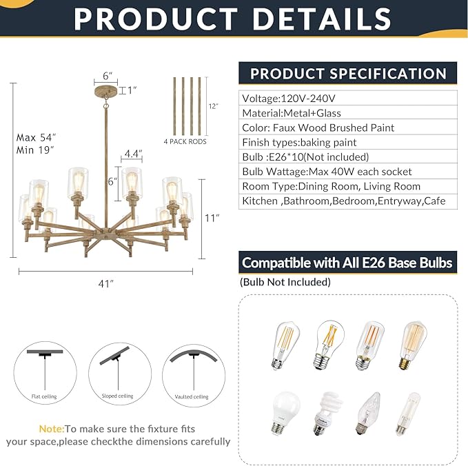 Large Farmhouse Chandelier, 10 Light Rustic Chandeliers for Dining Room Light Fixtures Over Table | Fake Wood Hanging Lighting with Clear Glass Cover for Living Room | Kitchen | Foyer