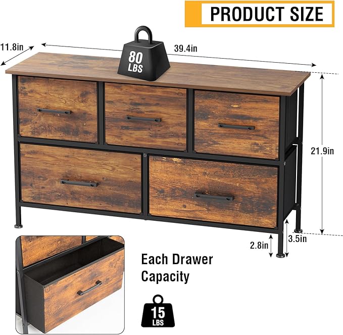 FDW 5 Fabric Drawers Dresser for Bedroom,Chest Organizer Units with Steel Frame and Wooden Top for Bedroom,Closet,Living Room, Entryway,Brown