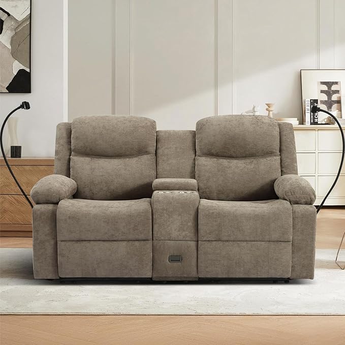 Manual Reclining Loveseat Sofa with Console, Chenille Upholstered Couch for RV, Living Room, Apartment or Office, Dual Recliners with Cup Holders, Phone Holder, Hidden Socket (Camel) | Cup Holder, Side pocket
