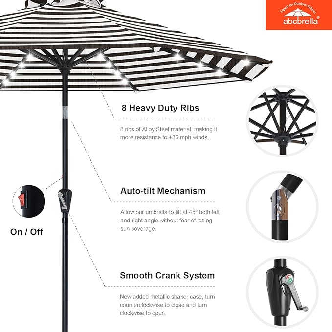 ABCCANOPY OLEFIN® 5-Year No Fading Patio Umbrella with Solar Lights (Black Stripe)