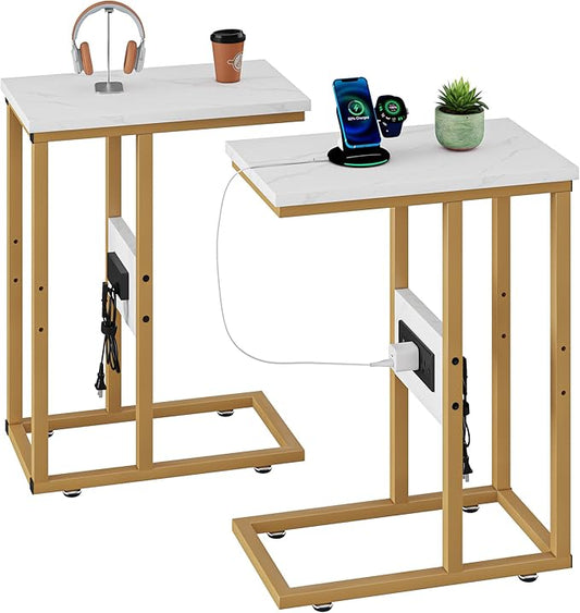 VECELO C Shaped End Table with Charging Station & Power Outlets, Quick Access Side Table for Sofa, C Bedside for Living Room Bedroom 2 Set,Gold