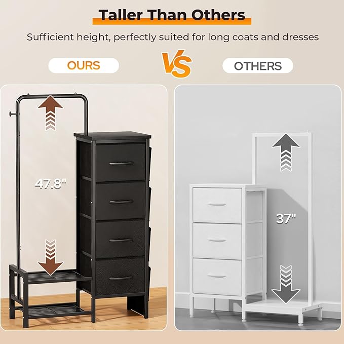 Dresser with Hanging Rack - 4 Drawers & 4 Side Bags, Fabric Chest of Drawers with with Bottom Shelves, 52" Tall Clothes Rack for Women/Kids Bedroom & Living Room - Black