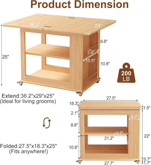 Folding Dining Table with Wheels, Solid Wood Dining Table Stylish 2-Tier Design for 2-4,Natural Hidden Storage for Living Room,Small Spaces, Dining Room, Kitchen