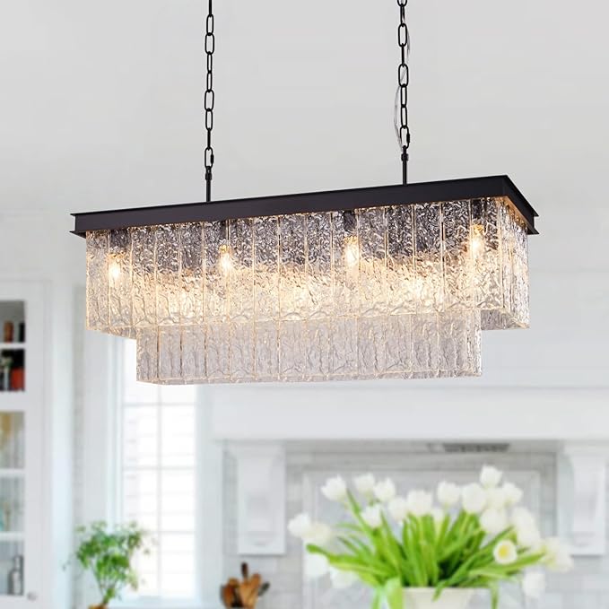 Kitchen Island Chandelier Black Rectangular, 35.4 Inch 11-Light E12 Modern Dining Room Chandelier, Water Ripple Glass Adjustable Height Hanging Ceiling Light Fixture