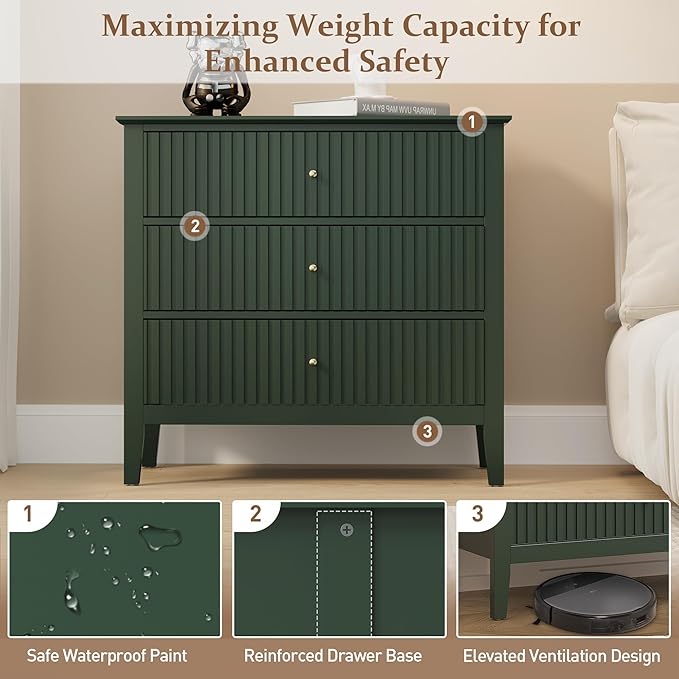 RoyalCraft Fluted 3 Drawer Dresser, 32 inch Wide Dresser Nightstand for Bedroom, Modern Wood Chest of Drawers, Large Painted Nightstand with 3 Drawers for Closet, Hallway, Entryway, Dark Green