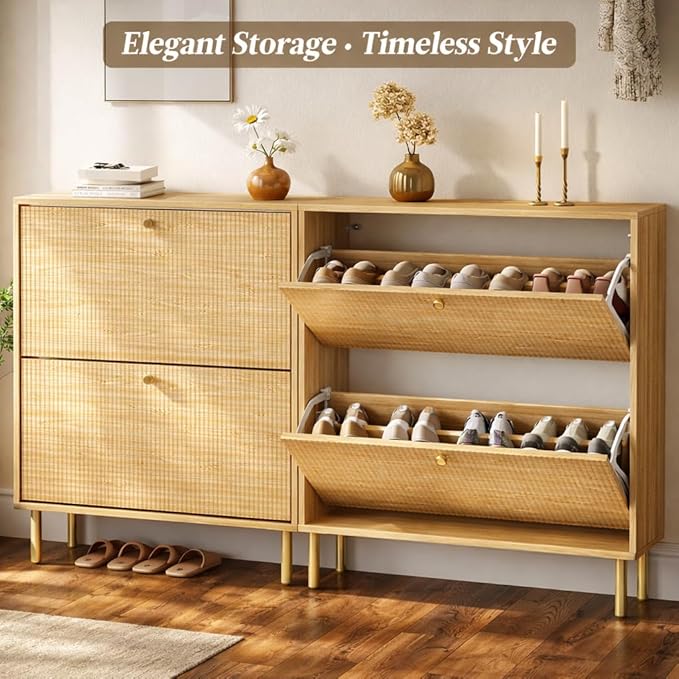 Nicetree Shoe Storage Cabinet for Entryway - Flip Shoe Cabinet with Tiered Fluted Design - Slim Shoe Storage Rack with Gold Legs - Narrow Shoe Cabinet Hidden Shoe Organizer for Small Spaces