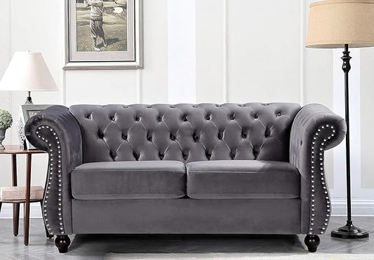 Container Furniture Direct Feinstein Modern Velvet Chesterfield Couches for Living Room with Nailheads, Diamond Tufting & Durable Metal Frame, Loveseat, Gray