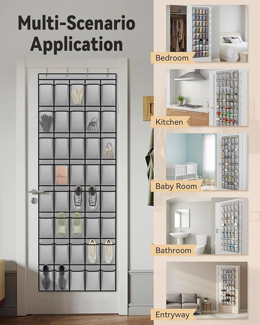 dodowin Over the Door Shoe Organizers, 2 Pack (24 & 40 Pockets) - Hanging Shoe Rack with 4 Metal Hooks, Space Saving Foldable Storage for Closet Door, Gray