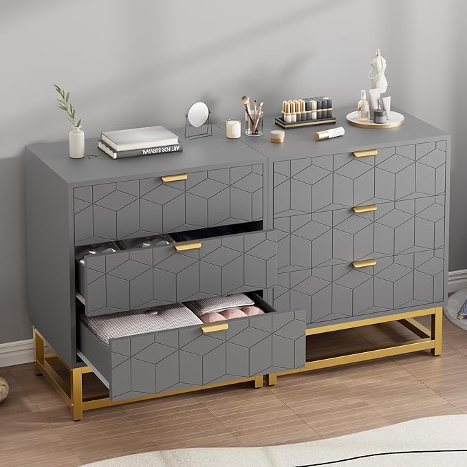 GAOMON 3 Drawer Dresser, Wood Chest Drawers with Storage for Closet, Bedroom, Drawers Dresser Modern Bedside Nightstand with Gold Handles, Grey