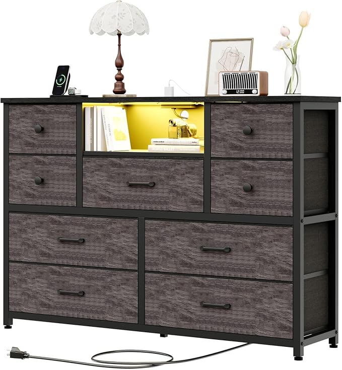 NONGSHIM Dresser with Charging Station and LED Lights, Long Dressers for Bedroom Dresser TV Stand with 9 Drawers, Fabric Chest of Drawers with PU Finish, Wide Dressers Storage Organizer, Grey