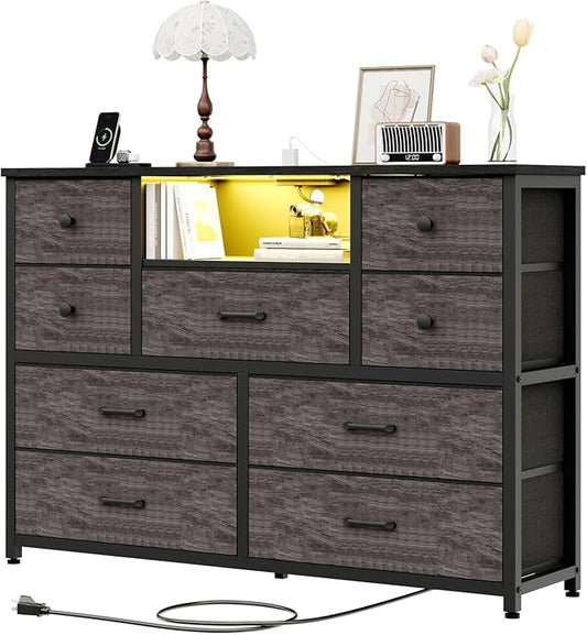 NONGSHIM Dresser with Charging Station and LED Lights, Long Dressers for Bedroom Dresser TV Stand with 9 Drawers, Fabric Chest of Drawers with PU Finish, Wide Dressers Storage Organizer, Grey