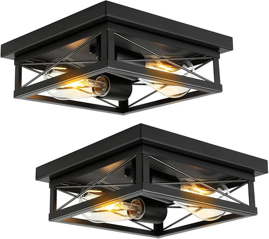 Black Flush Mount Ceiling Light 2 Pack Industrial Fixtures 2-Light Farmhouse Vintage Metal-Framed Ceiling Light for Hallway Foyer Kitchen Bedroom Living Room Laundry