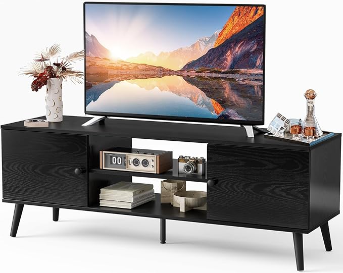 Sweetcrispy TV Stand for 55 60 inch TV, Modern Mid Century Entertainment Center with Storage, Media Console Table 2 Cabinet, Soft Hinge, Handle Door, Wooden Living Room, Office Furniture, Black