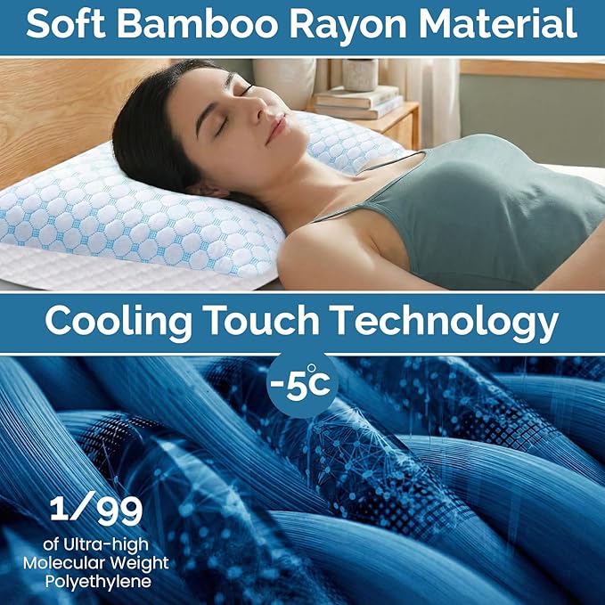 Cooling Memory Foam Pillows Queen Size 1 Pack: Double sided Adjustable firm soft Hotel Sleeping Pillow with Breathable Bamboo Rayon Zipper Cover for Easy wash and hot Side Back Stomach Sleepers 20x30