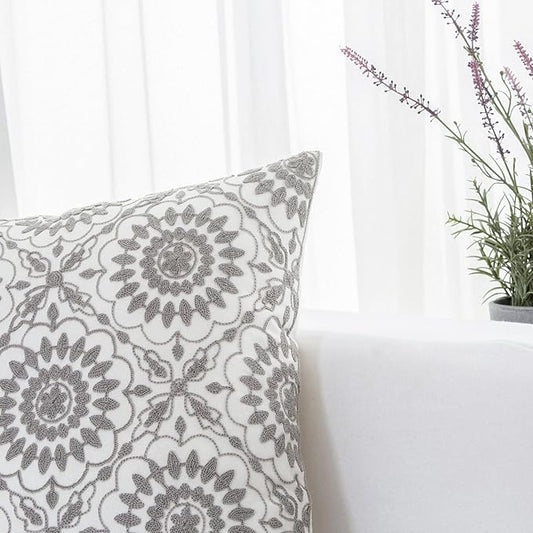 HWY 50 Gray Grey Decorative Throw Pillow Covers 18x18 Inch, Pack of 2 Embroidered Cotton Farmhouse Cushion Cover Pillow Case for Sofa Couch Living Room Bed Bedroon, Little Sunflower Design