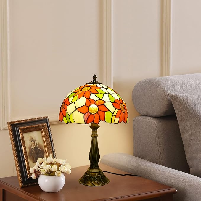 Tiffany Style Table Lamp Sunflower Vintage Table Lamp Stained Glass Lamp Durable Bronze Alloy Base Tiffany Lamps for Bedroom 12" Wide 19" Tall for Living Room Home Office