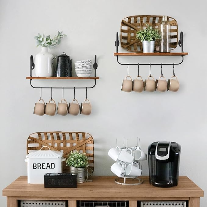 Olakee Floating Wall Shelves for Kitchen Bathroom Coffee Nook with 10 Adjustable Hooks for Mugs Cooking Utensils or Towel Rustic Storage Shelves Set of 2/17x5.9 inch (Carbonized Black)